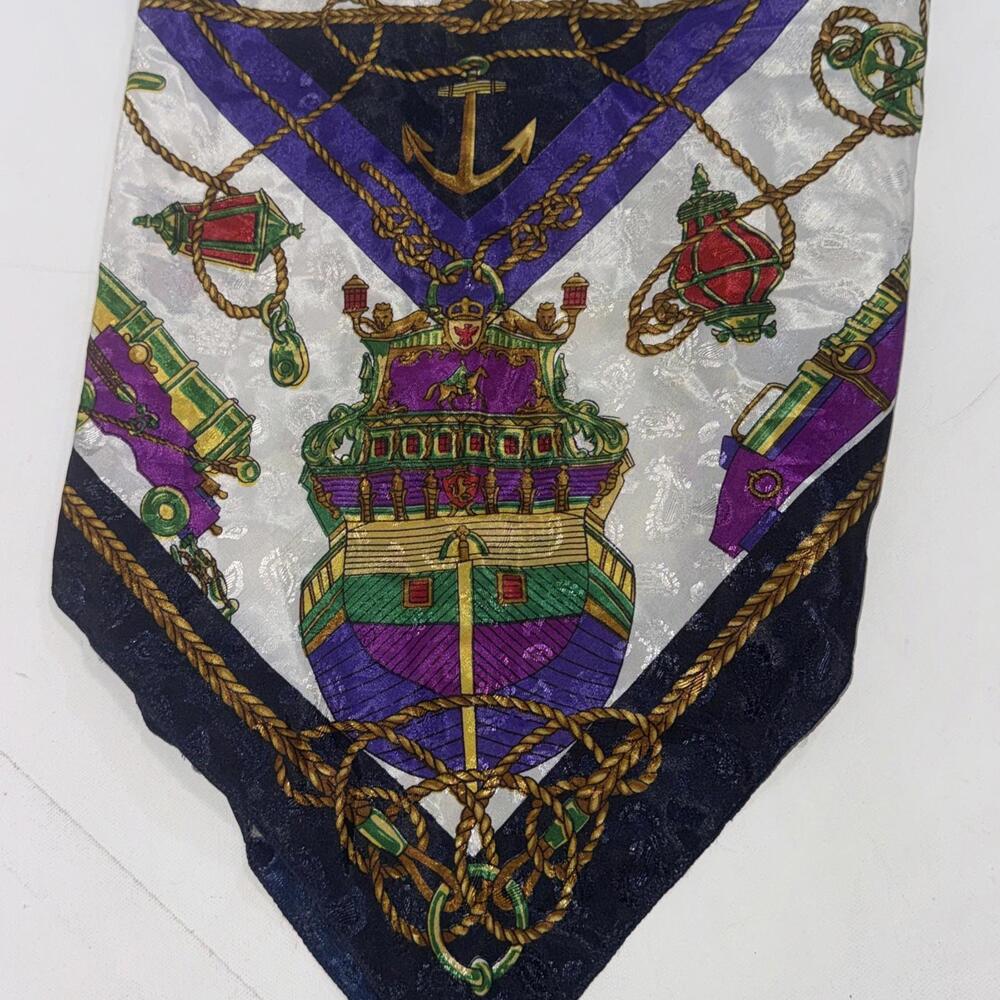 Vintage Nautical Sailboat Flags Chain Print Blue Gold Silk‎ Square Royal Scarf